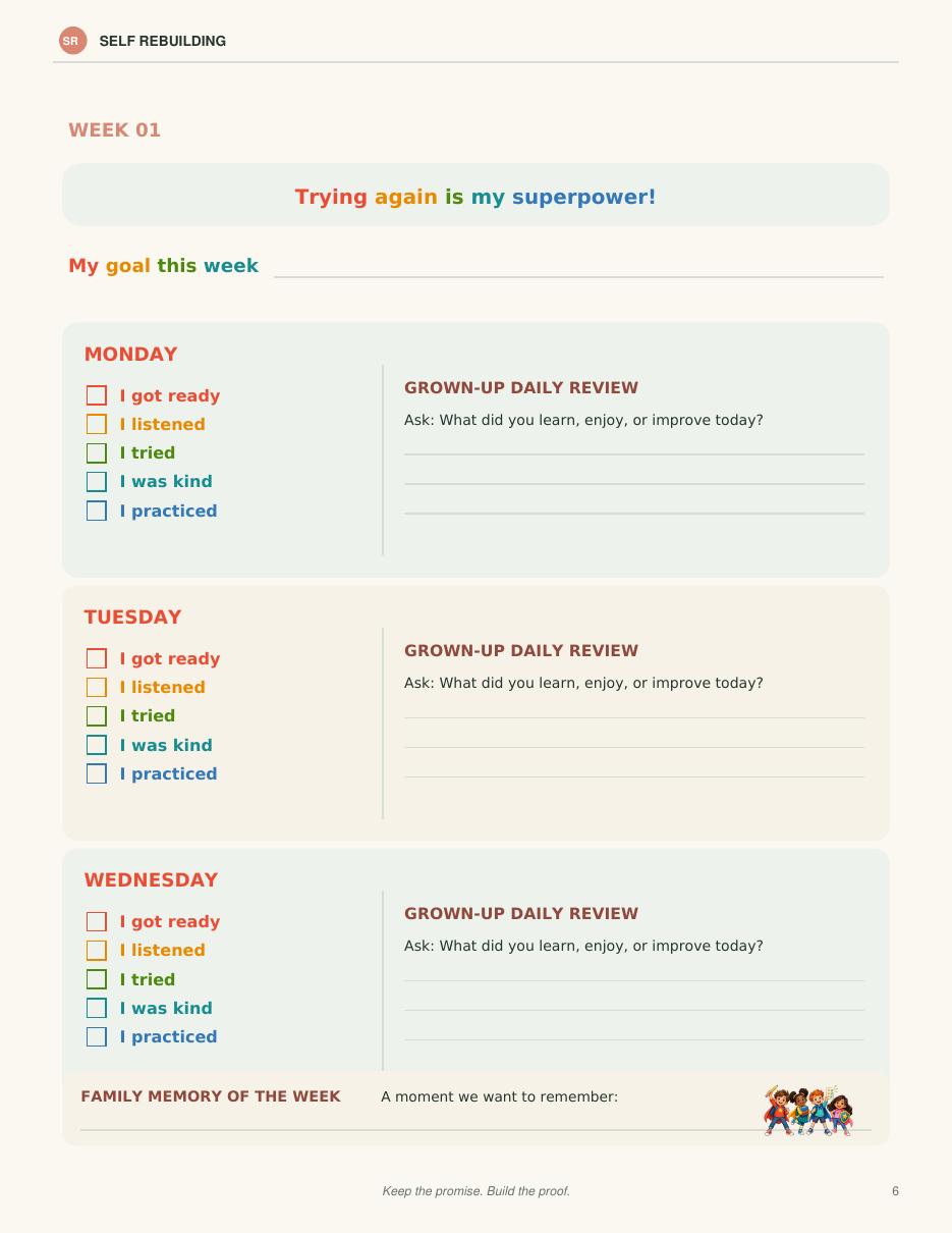 Week 1 planner page with daily responsibility check-ins and grown-up review